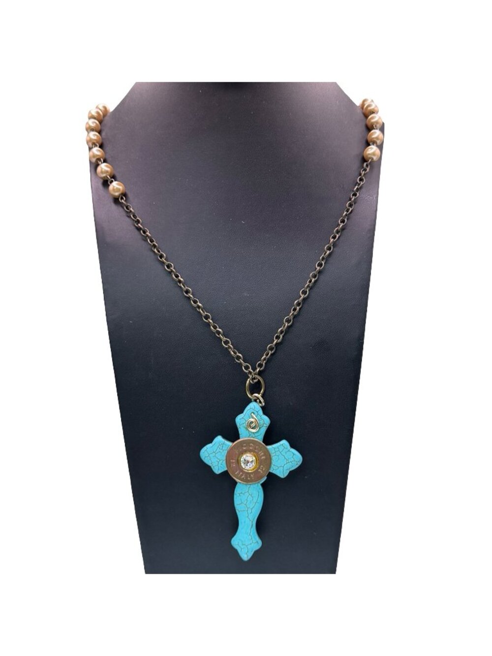 Signed FIOCCHI Italy Turquoise Cross Necklace - Designer Bullet Shell Jewelry